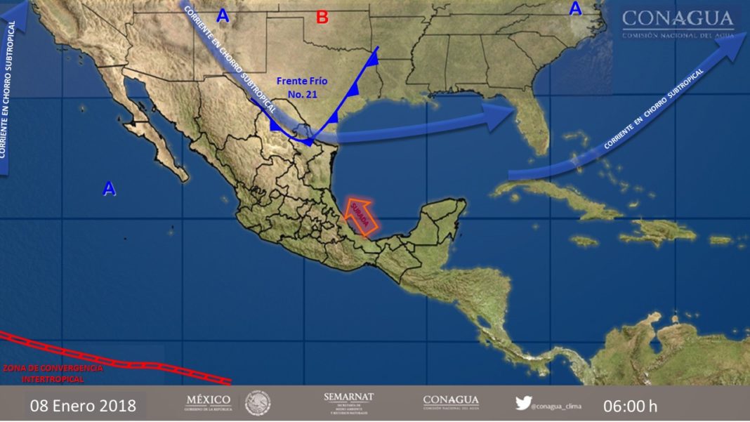 El pronóstico del clima de hoy señala la posición del frente frío 21