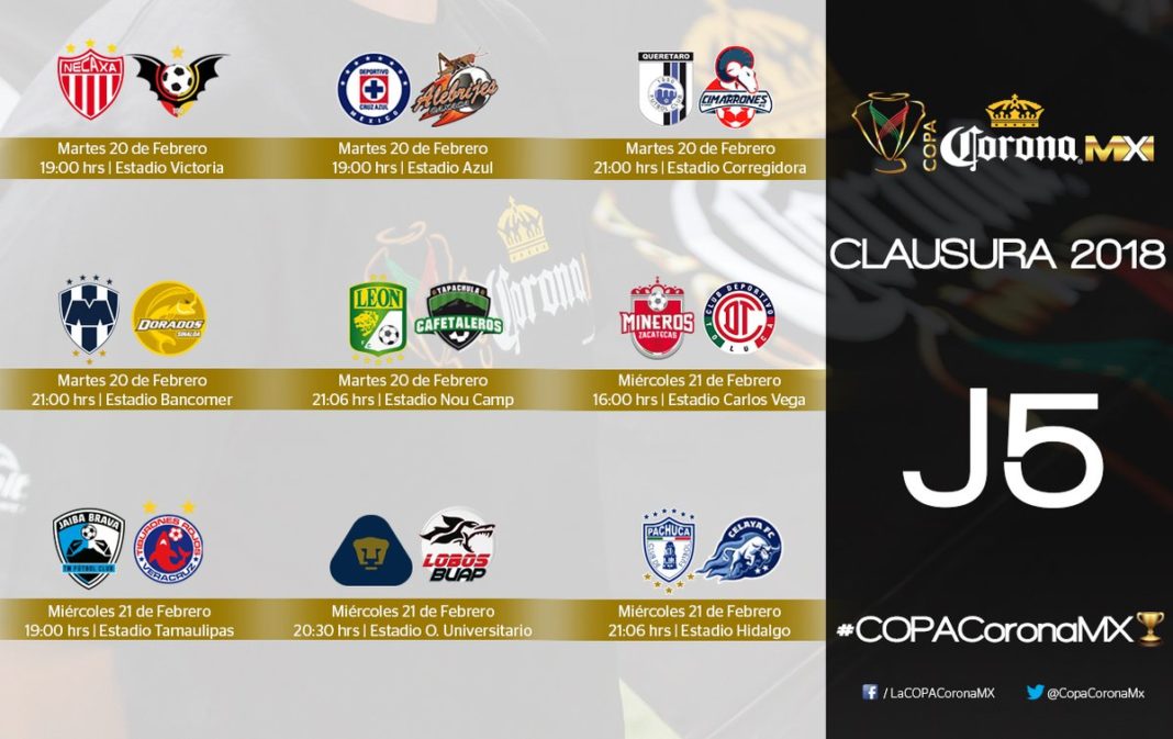 Días y horarios de la Jornada 5 de la Copa MX