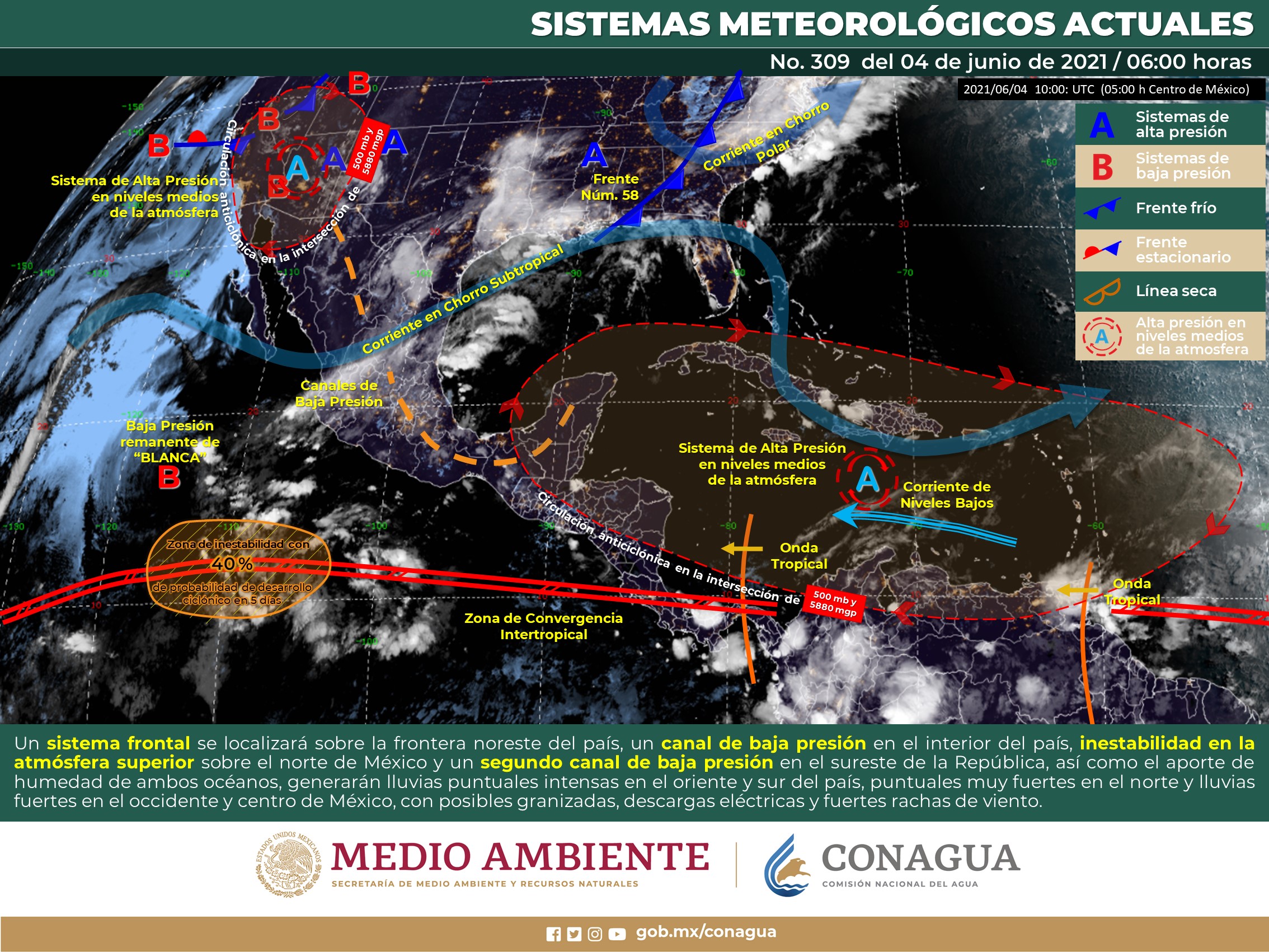 Pronóstico del meteorológico de hoy viernes, un canal de baja presión en el interior del país, inestabilidad en la atmósfera superior en el norte de México