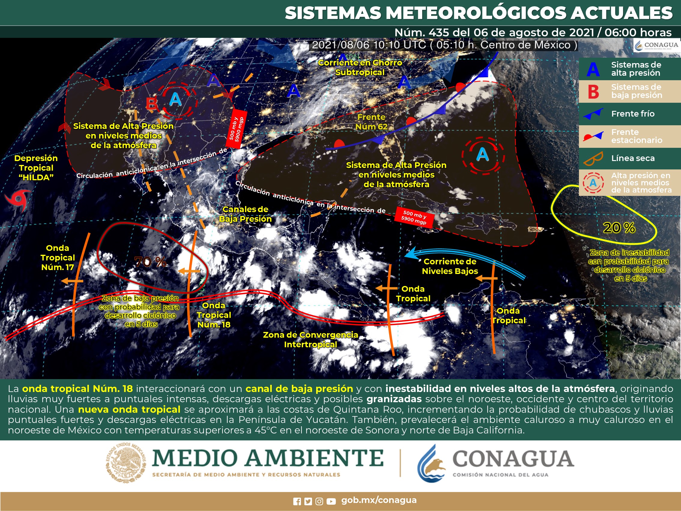 Reporte nacional del meteorológico de hoy viernes, la onda tropical Núm. 18 se extenderá al sur de las costas de Jalisco e interaccionará con un canal de baja presión