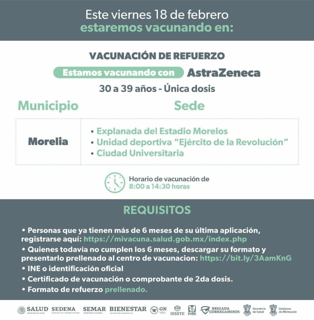 Abren nueva fecha para vacunación de 30-39 en Morelia