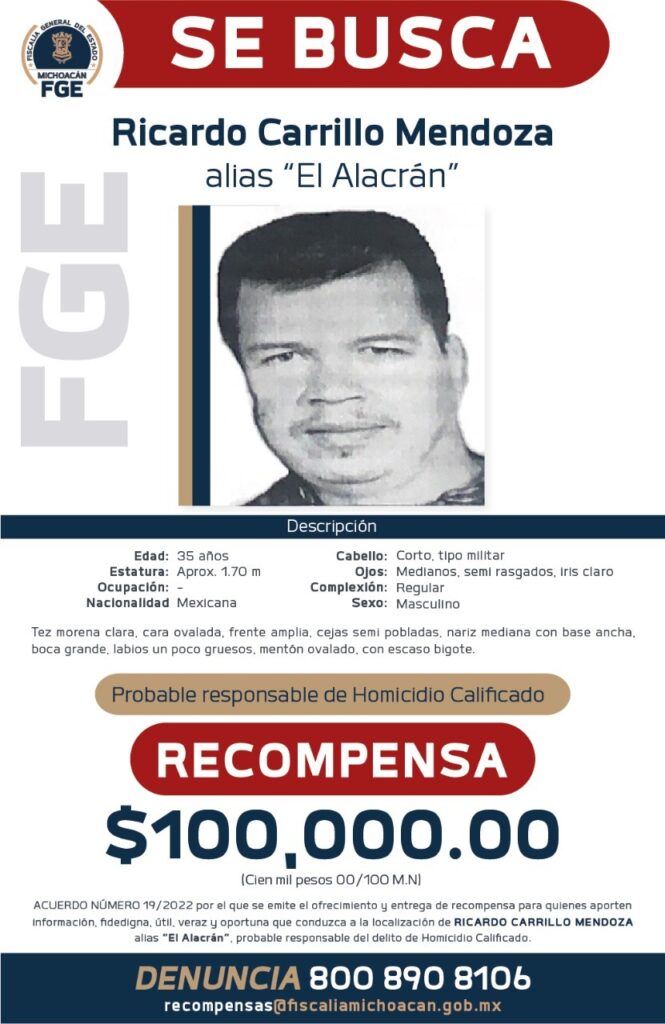 Ofrecen 100 mil por “El Alacrán”, presunto asesino de edil de Aguililla