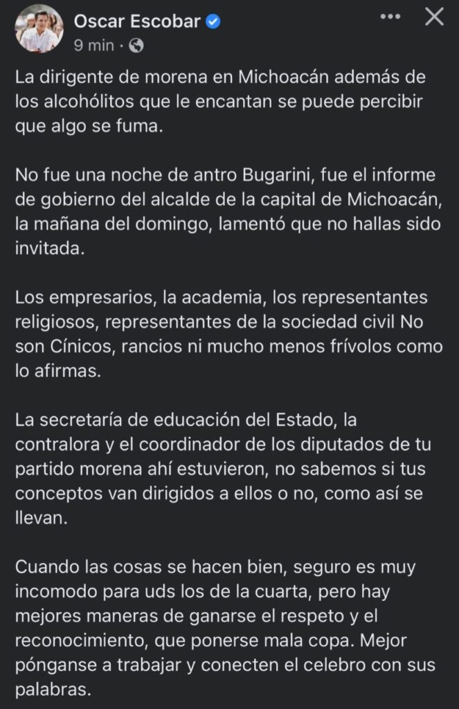 De “mala copa”, califica Oscar Escobar a la dirigente de Morena