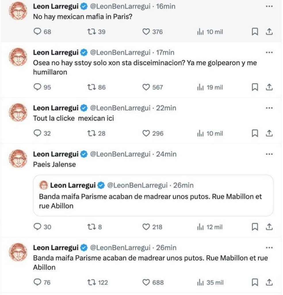 Tweets de Leon Larregui que relatan la agresión en París