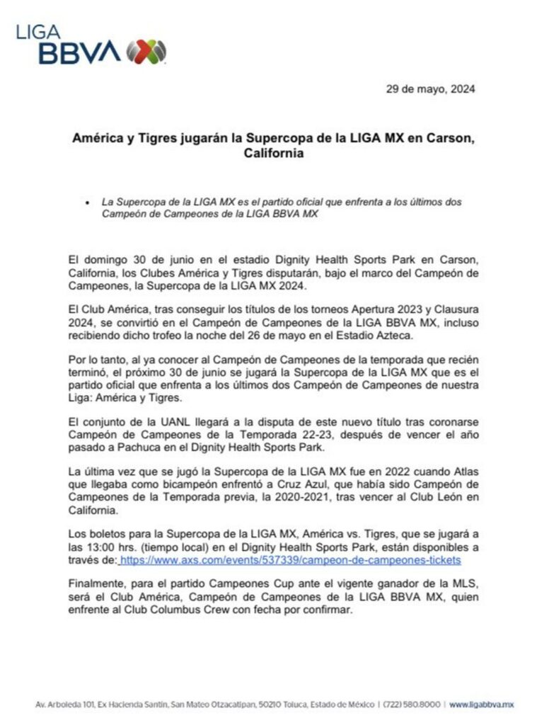 América y Tigres por Supercopa Liga MX 2024 - comunicado