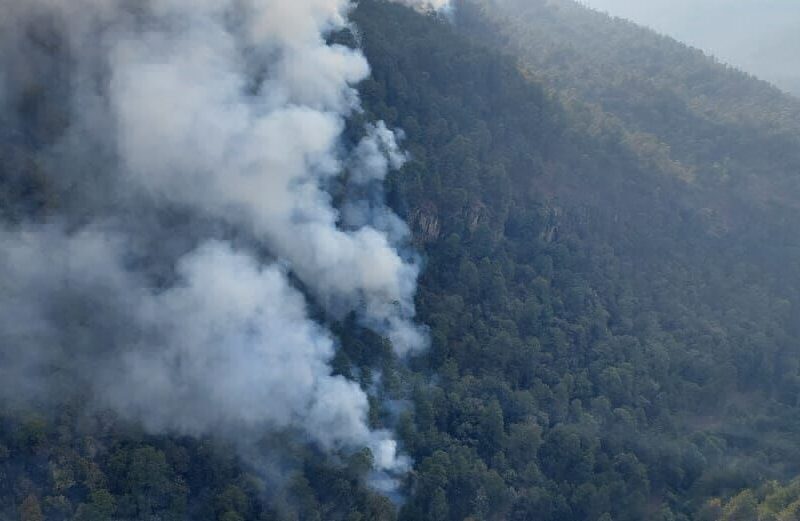 Helicóptero refuerza incendio forestal en Zinapécuaro