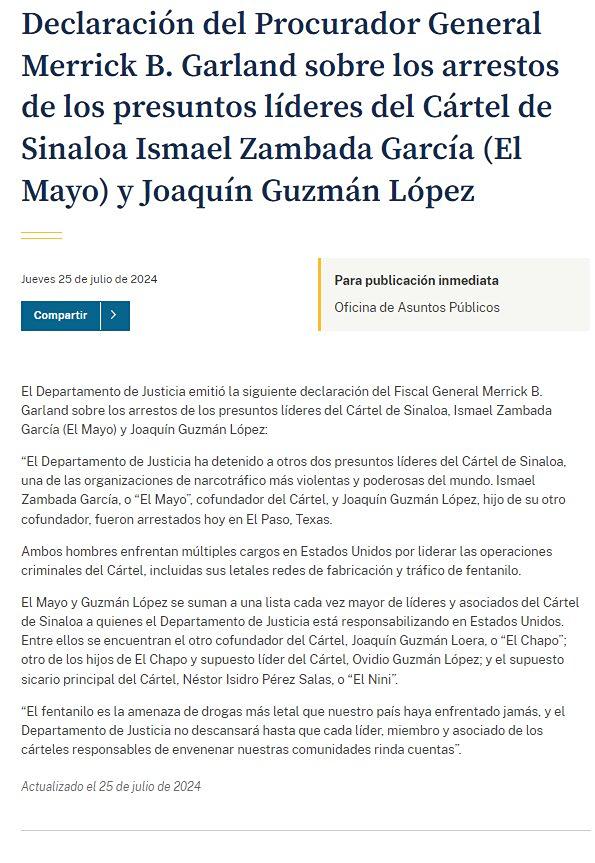 Ismael 'El Mayo' Zambada García - procurador eeuu