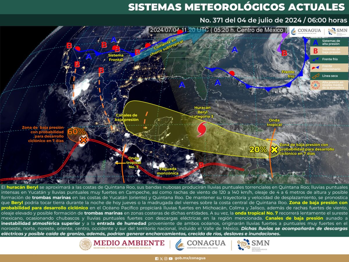 Se esperan lluvias intensas a torrenciales en México por huracán “Beryl”