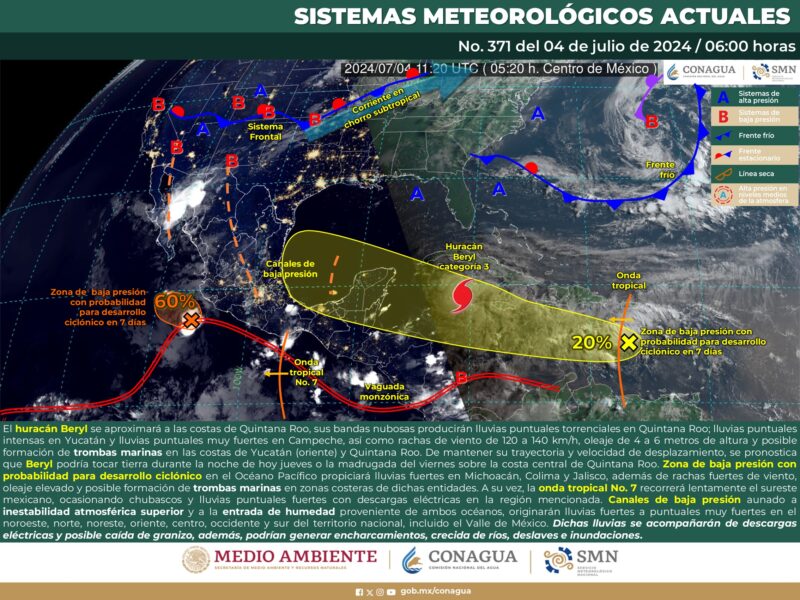 lluvias intensas a torrenciales en México por huracán Beryl