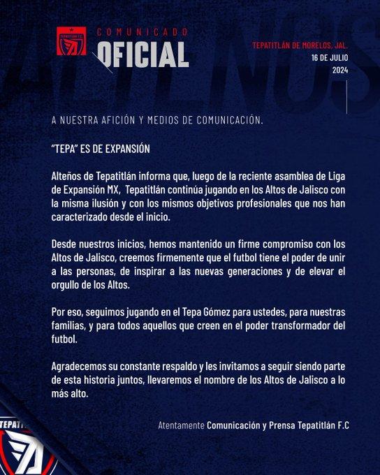 Tepatitlan FC no saldrá de los Altos de Jalisco - comunicado