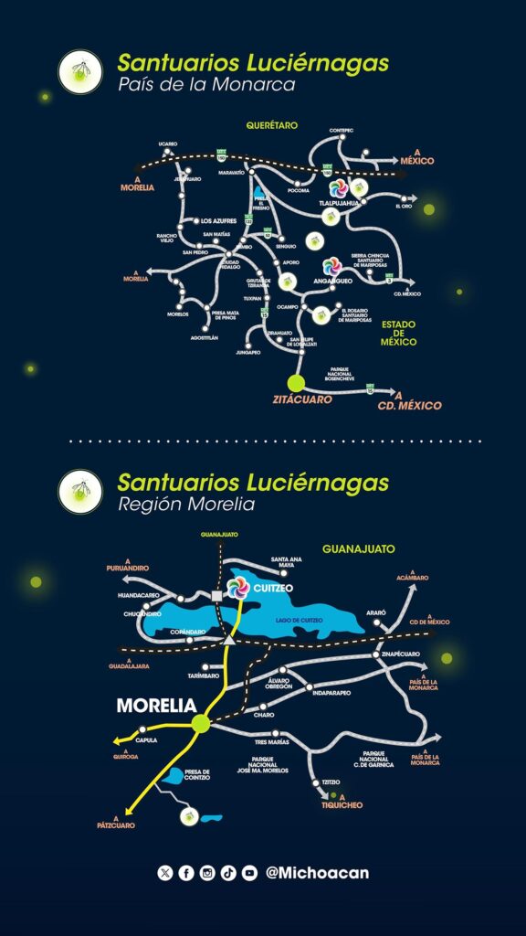 Mapa de los diferentes santuarios de luciérnagas en Michoacán