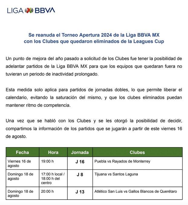 reanudación calendario liga mx apertura 2024