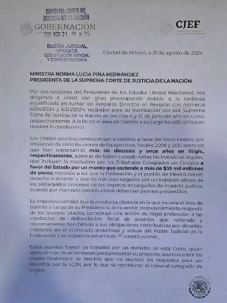 Revelan la carta de AMLO a SCJN