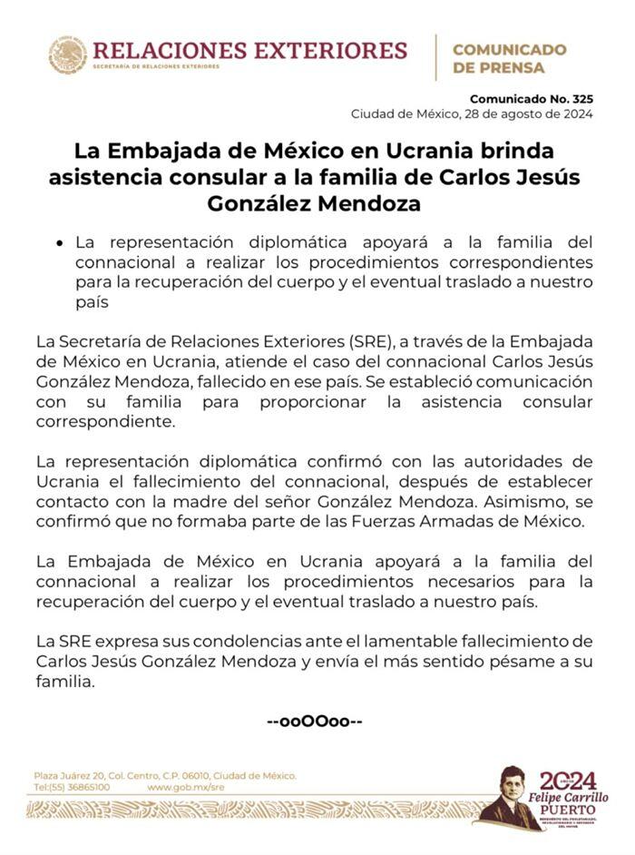 SRE confirma Mexicano de 20 años muere combatiendo en guerra de Ucrania