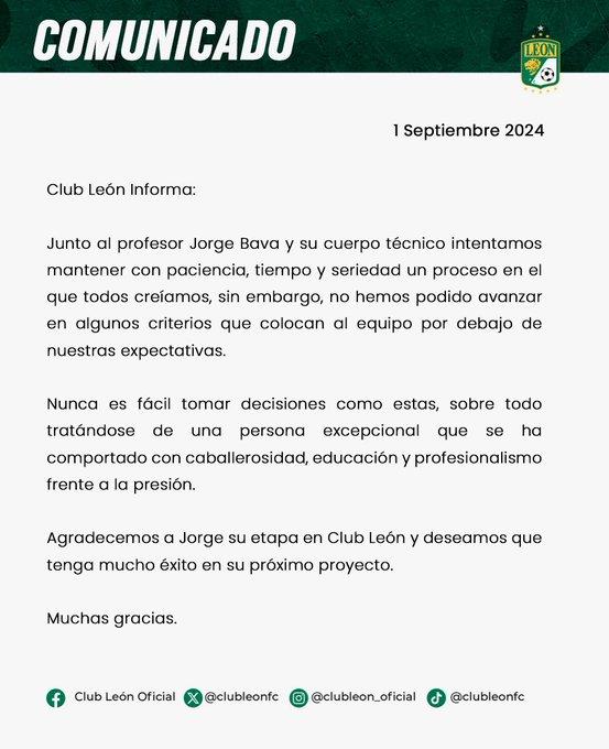 destitución de Jorge Bava del Club León - comunicado