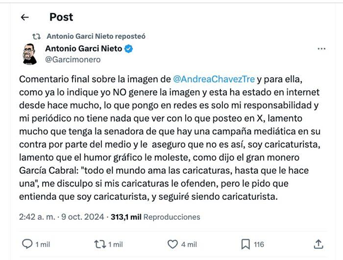 Andrea Chávez denunciará al caricaturista Antonio Garci por imagen erótica