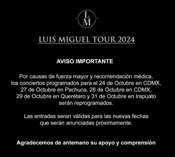 cancelación de conciertos de Luis Miguel - comunicado