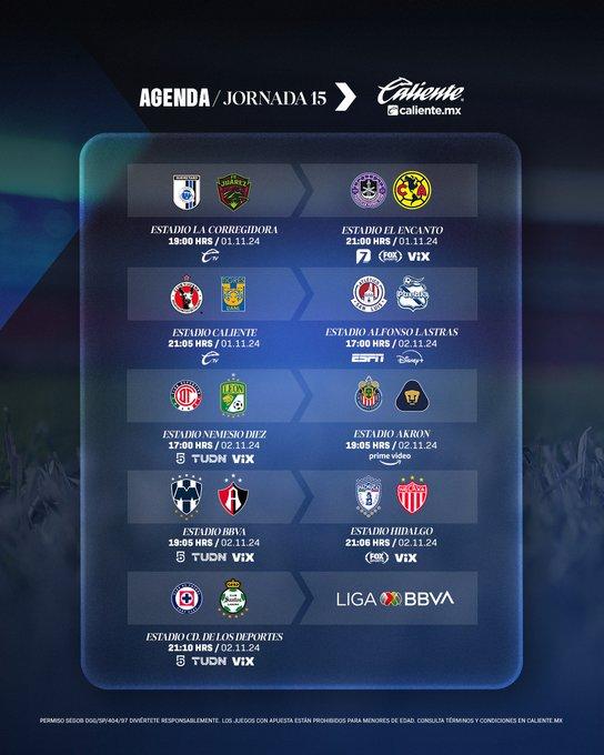 así será la jornada 15 del Torneo Apertura 2024 de la Liga MX