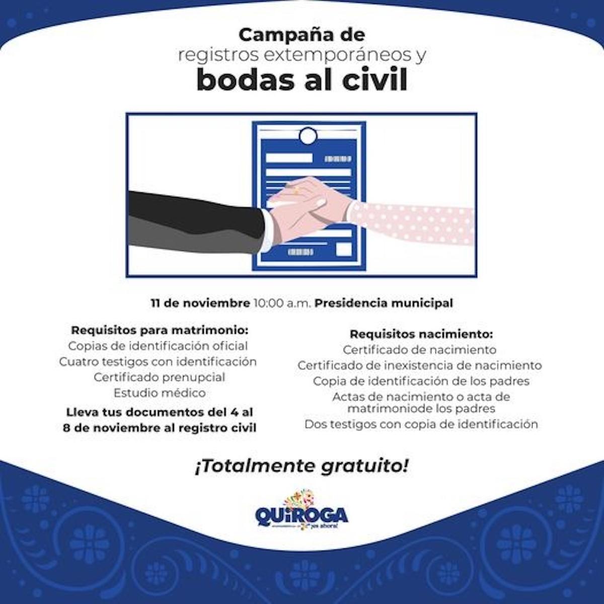 Campaña Gratuita de Registros Extemporáneos y Bodas Civiles en Quiroga