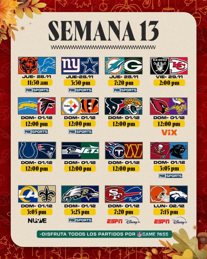 ¿Dónde ver el resto de los partidos de la Semana 13 de la NFL? calendario