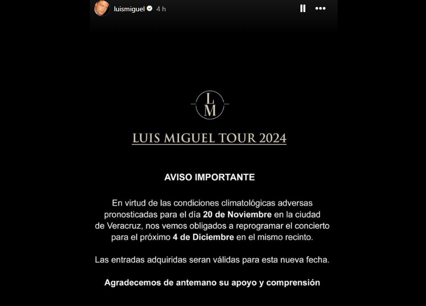 Luis Miguel cancela su próximo concierto en Veracruz