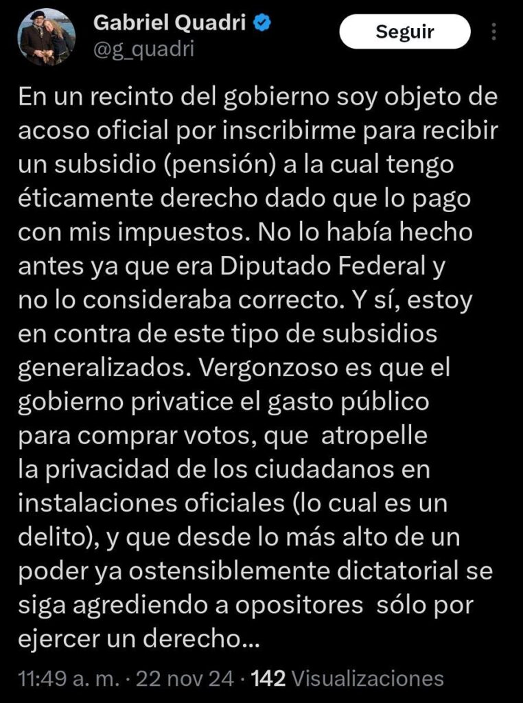 Quadri se queja de 'acoso' luego de que Sheinbaum lo exhibió solicitando Pensión del Bienestar