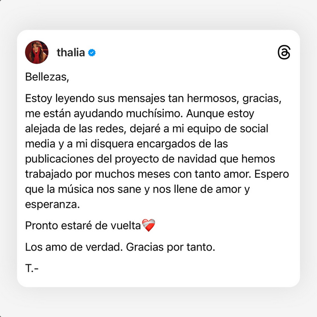 Thalía agradece en redes sociales muestras de cariño