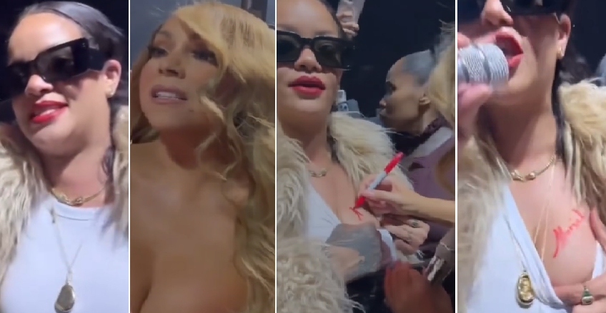 Rihanna y Mariah Carey autógrafo pecho