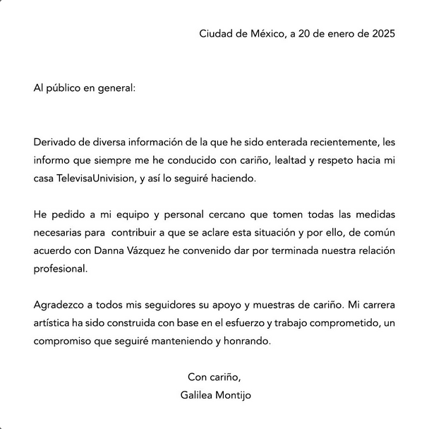 Galilea Montijo anuncia el fin de su vínculo laboral con publirrelacionista