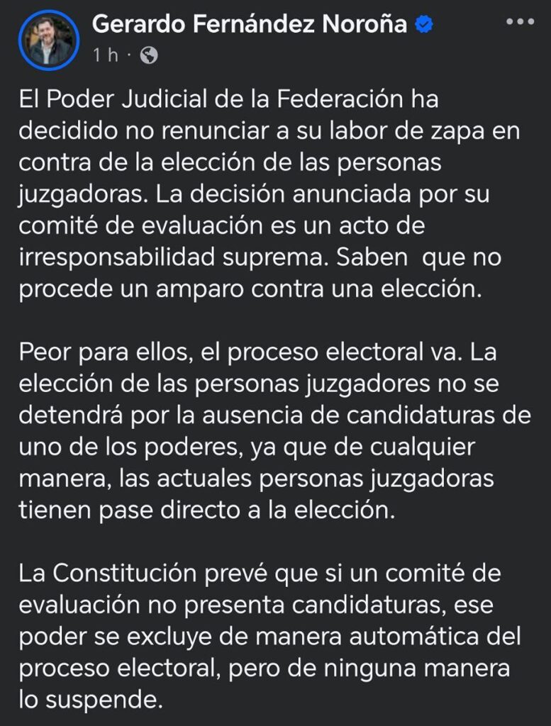 Noroña critica suspensión del comité evaluador para la elección judicial