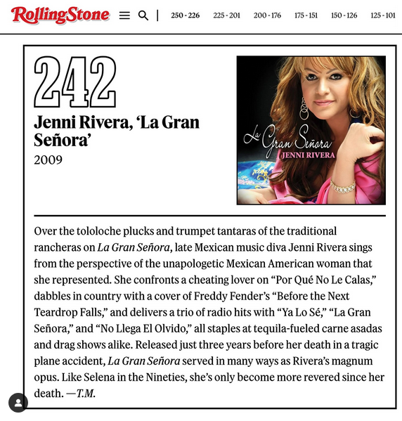 Rolling Stone incluye a disco La gran Señora de Jenni Rivera entre los mejores álbumes del siglo XXI-3