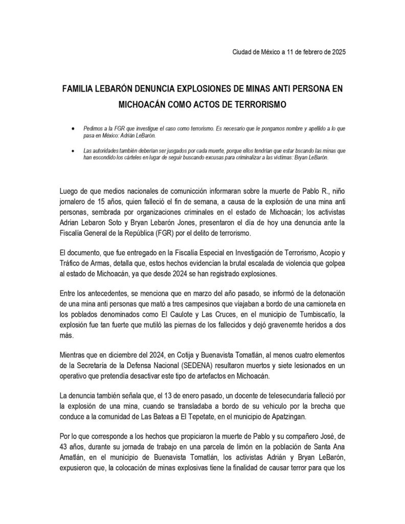 Familia LeBarón denuncia ante FGR, uso de explosivos en Michoacán, como terrorismo-2