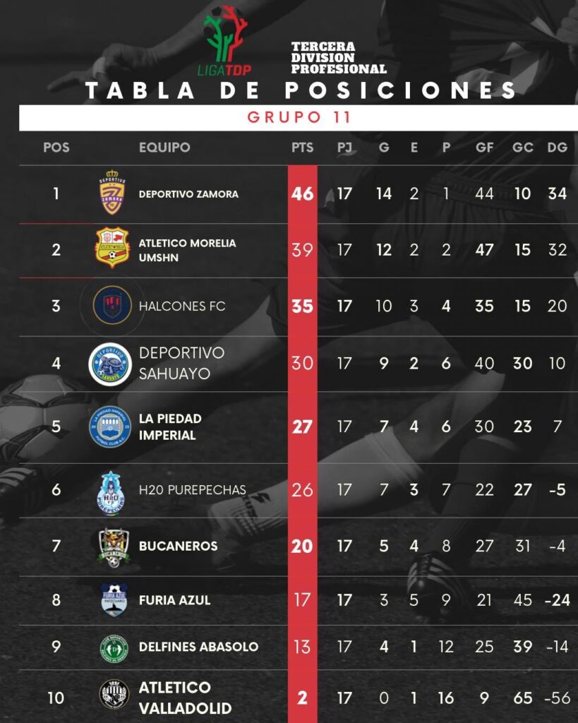 tabla de clasificación en el michoacano Grupo 11 de la Liga TDP