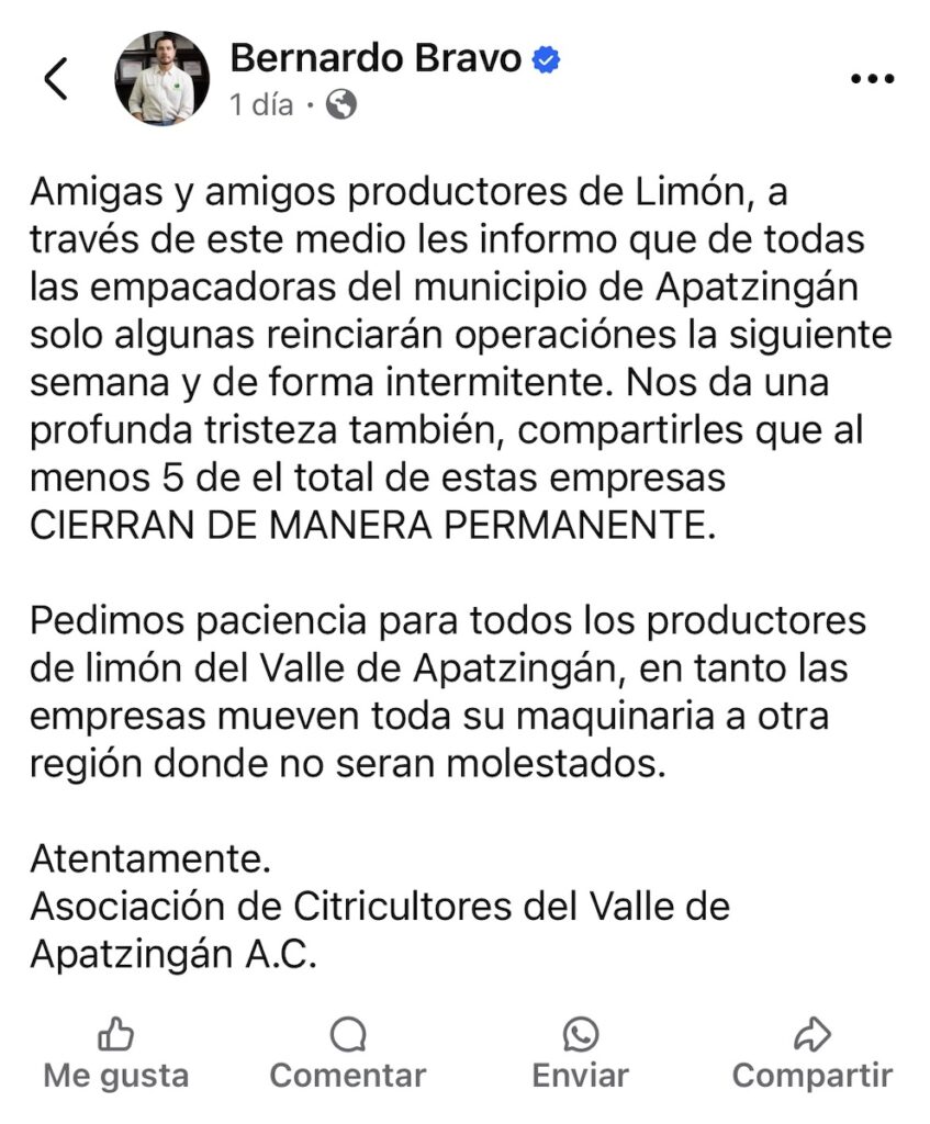 Bedolla niega cierre de 5 empacadoras de limón en Apatzingán