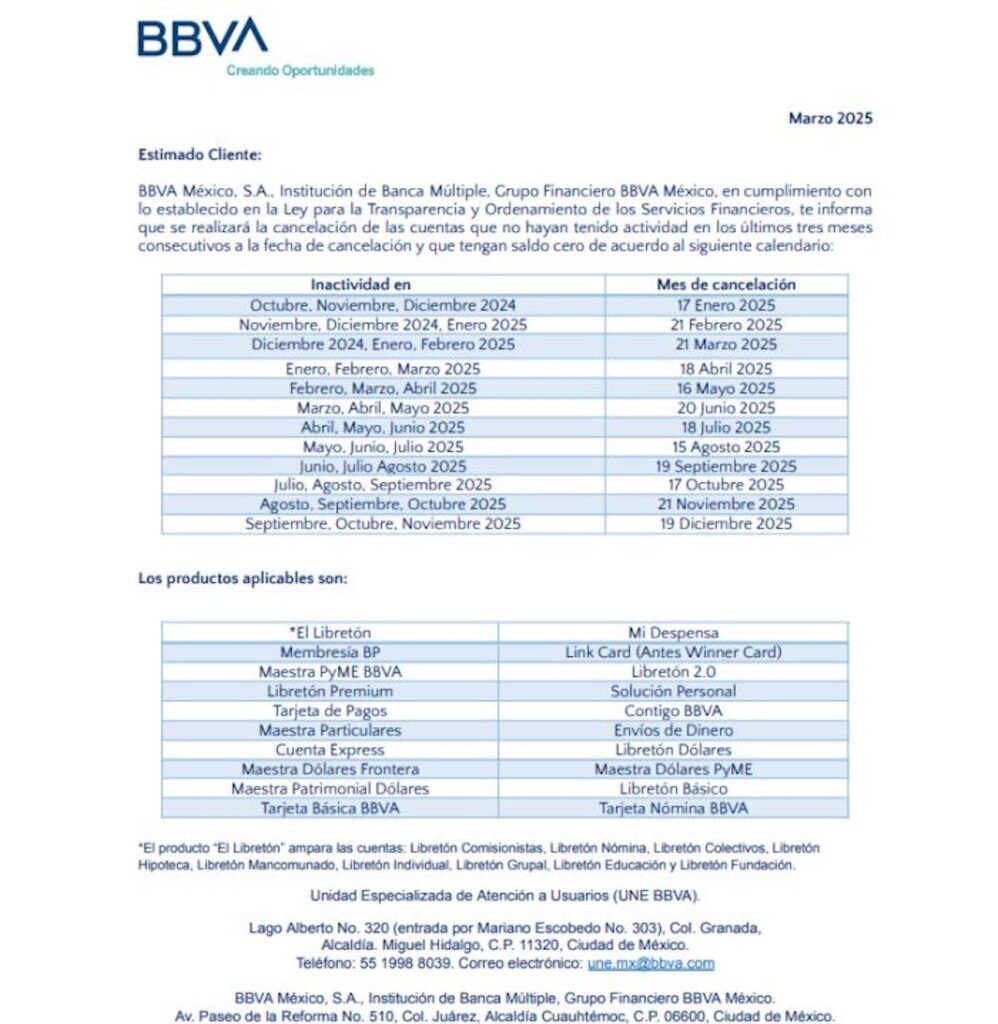 BBVA cancelará cuentas este 21 de Marzo 2