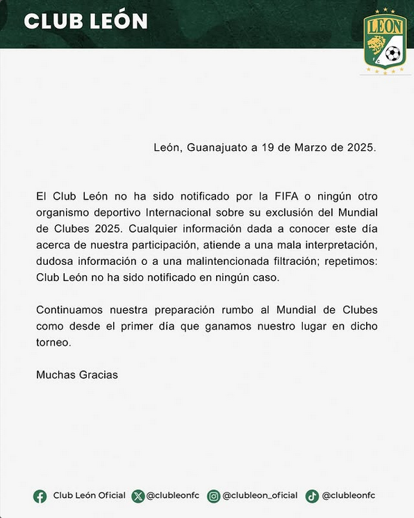 FIFA deja fuera a León del Mundial de Clubes, el club señala no ser notificado