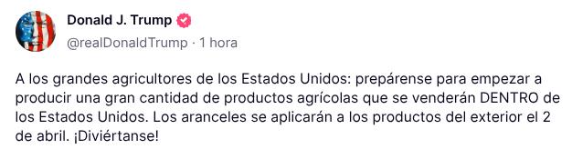 Trump anuncia que impondrá aranceles a productos agrícolas importados el 2 de abril